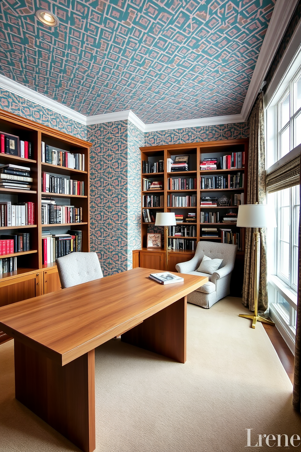 A home office library featuring bold wallpaper with a vibrant geometric pattern that creates a striking focal point. The room includes a large wooden desk with a sleek finish positioned in front of a wall of custom-built bookshelves filled with an array of books and decorative items. In one corner, a cozy reading nook is created with a plush armchair upholstered in a complementary fabric. A stylish floor lamp provides warm lighting, while a large window allows natural light to flood the space, enhancing the inviting atmosphere.