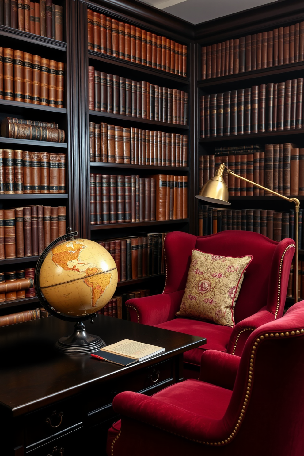 A vintage globe sits prominently on a dark wooden desk in the home office. Shelves filled with leather-bound books line the walls, creating a cozy and inviting atmosphere. A plush armchair in a rich burgundy fabric is positioned near the globe, offering a perfect reading nook. Soft, warm lighting from a brass desk lamp enhances the vintage feel of the space.