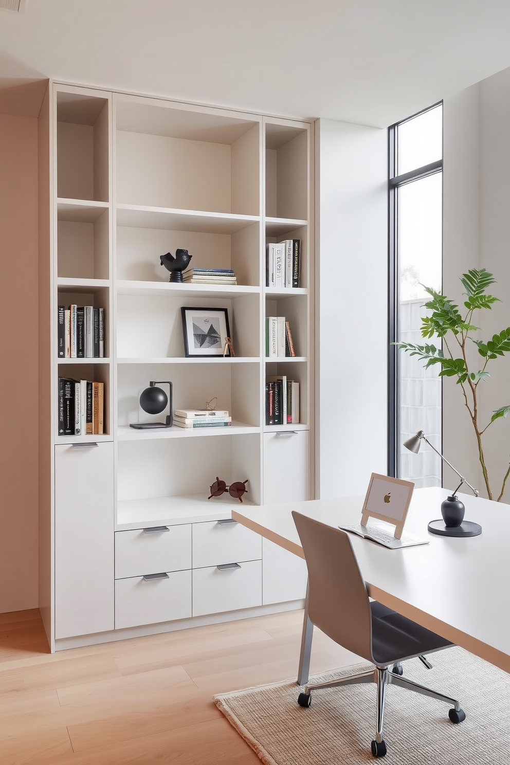 A modern minimalist home office features sleek shelving units that seamlessly integrate with a spacious desk area. The shelving is adorned with a few carefully selected books and decorative items, while the desk is positioned to maximize natural light from a nearby window.