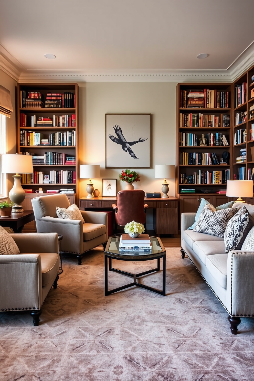 A warm and inviting home office library with soft textiles that create a cozy atmosphere. Plush armchairs in muted tones are paired with a large, comfortable sofa adorned with textured throw pillows. Bookshelves line the walls, filled with an eclectic mix of books and decorative items. A large area rug in soft hues anchors the space, while warm lighting from stylish lamps adds to the inviting ambiance.