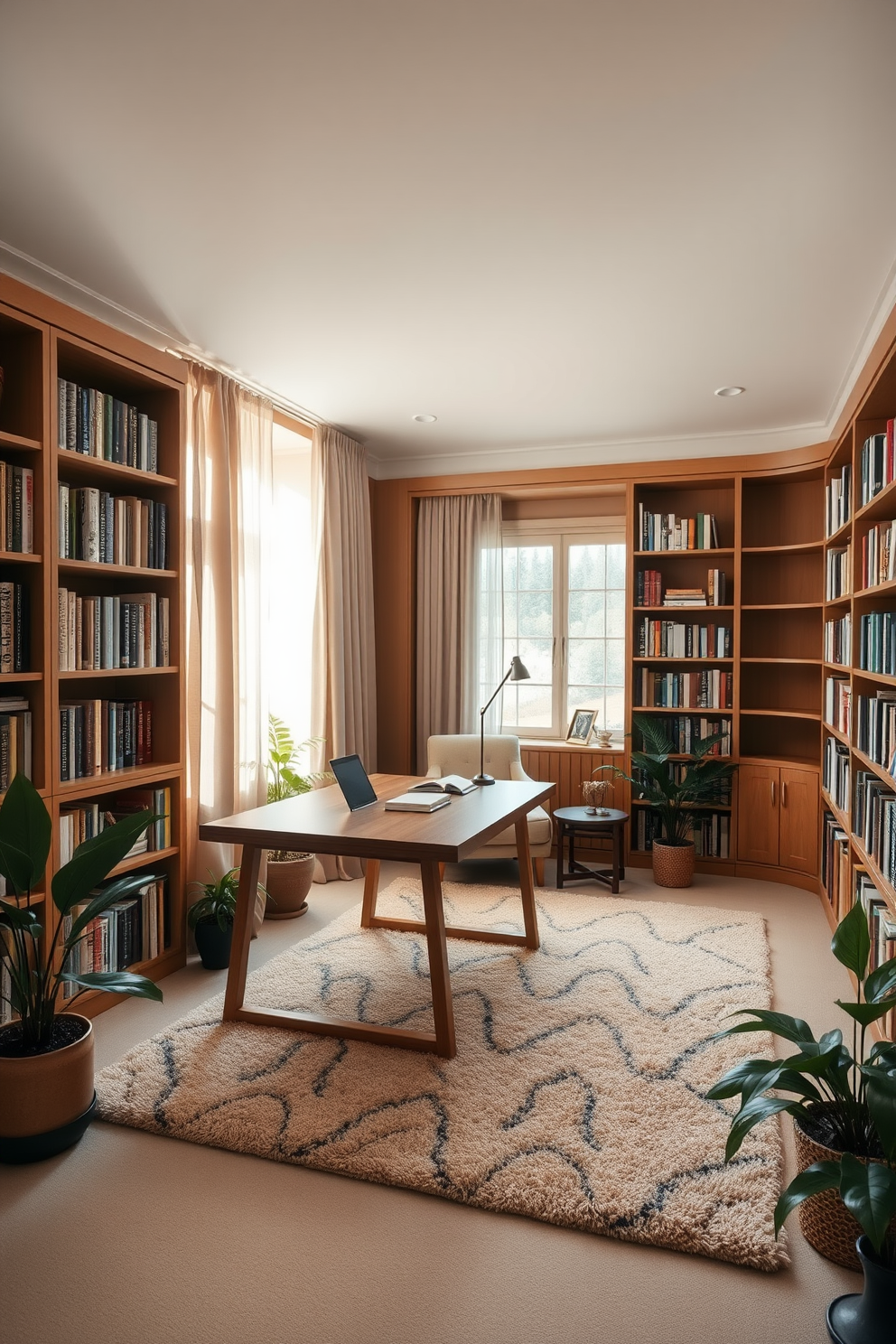 A serene home office library featuring a large wooden desk with a sleek design positioned against a wall of built-in bookshelves filled with neatly arranged books. The walls are painted in soft beige, complemented by a plush area rug in muted tones, creating a tranquil environment for productivity and relaxation. Natural light pours in through a large window adorned with sheer curtains, illuminating a cozy reading nook with a comfortable armchair and a small side table. Potted plants are placed strategically around the room, adding a touch of greenery and enhancing the calming atmosphere.