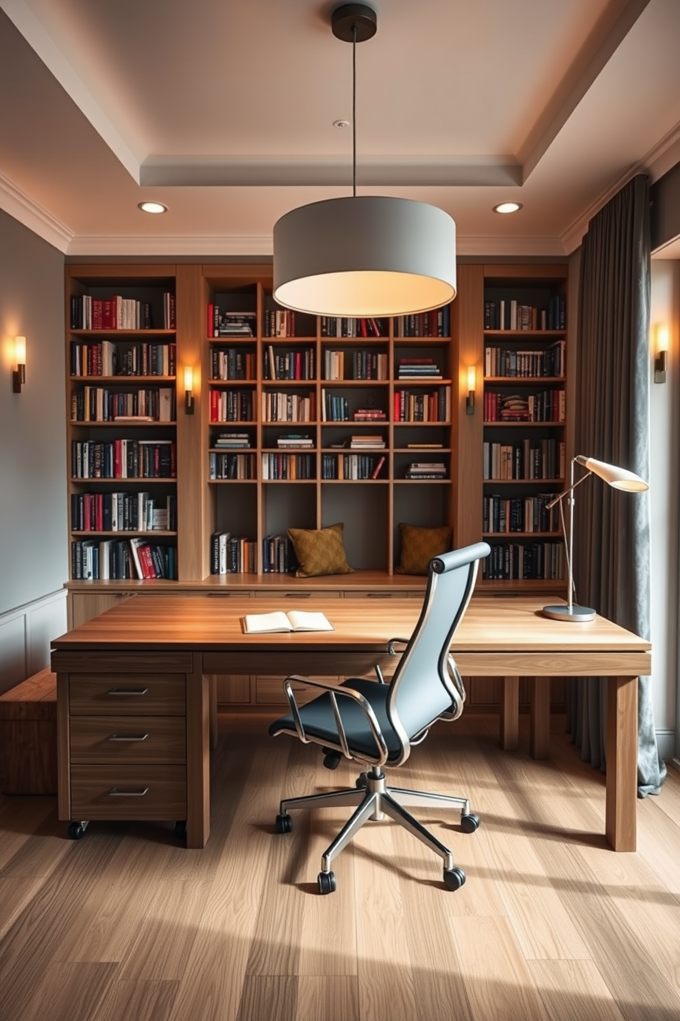 A cozy home office featuring a large wooden desk with a sleek ergonomic chair. The space is illuminated by creative lighting fixtures, including a stylish pendant light and a desk lamp with a warm glow. A serene library nook with floor-to-ceiling bookshelves filled with colorful books. The area is enhanced by ambient lighting from wall sconces and a chic reading lamp, creating a perfect atmosphere for relaxation and reading.