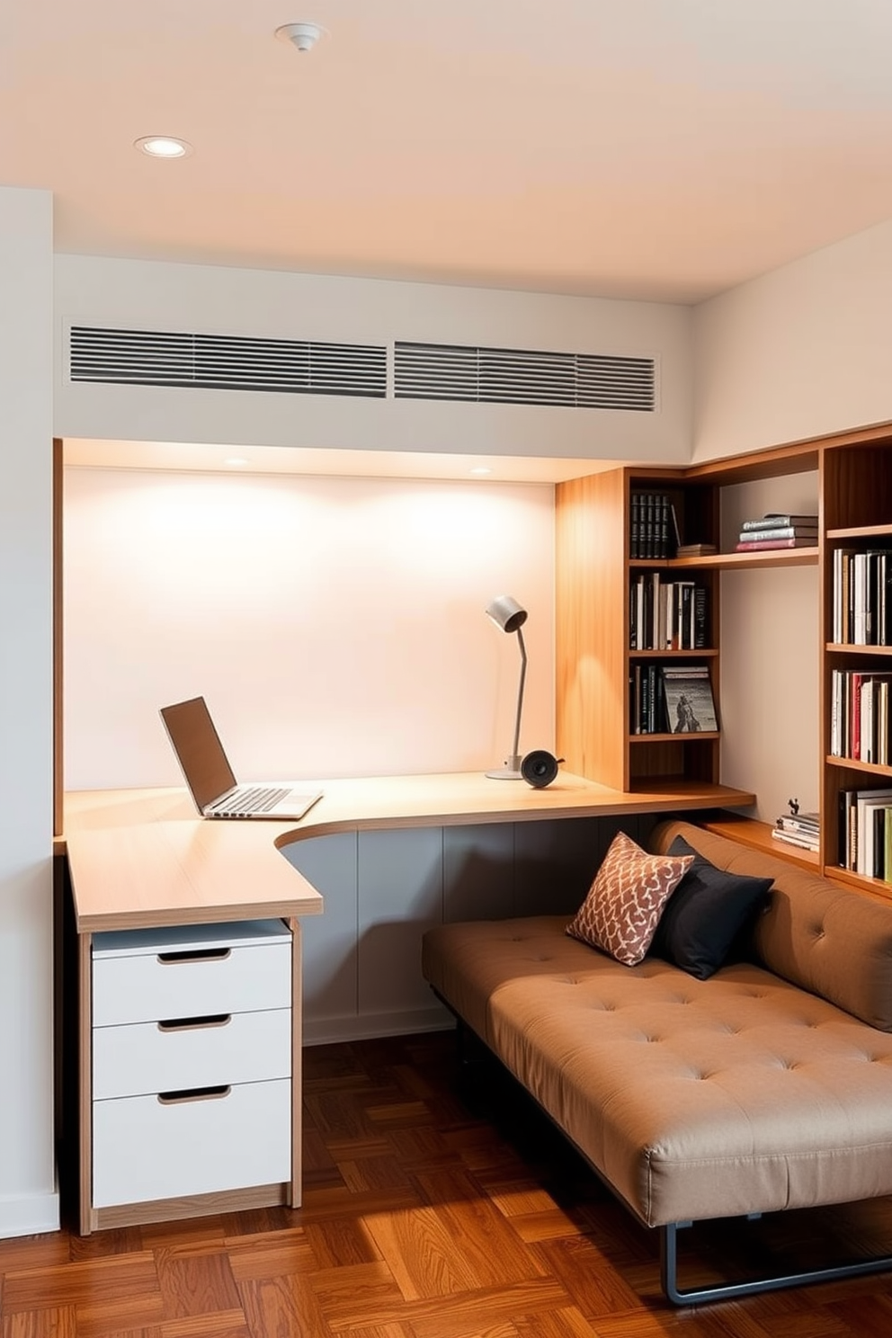 A modern home office library featuring dual-purpose furniture that maximizes space. A sleek desk with integrated shelving serves as both a workspace and a book display area. The room is adorned with a cozy reading nook, complete with a convertible sofa that transforms into a bed. Warm wooden tones and soft lighting create an inviting atmosphere for productivity and relaxation.