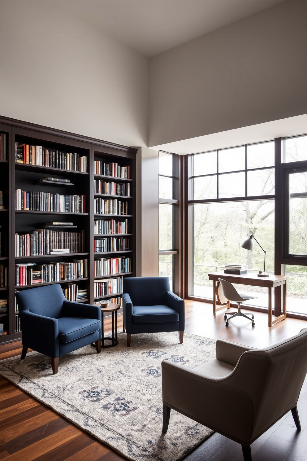 A cozy home office library featuring two stylish accent chairs in a rich navy fabric. The walls are lined with dark wooden bookshelves filled with an array of books, and a plush area rug anchors the seating area. A modern home office library design that incorporates sleek accent chairs with a minimalist design. Large windows allow natural light to flood the space, highlighting a wooden desk and contemporary lighting fixtures.