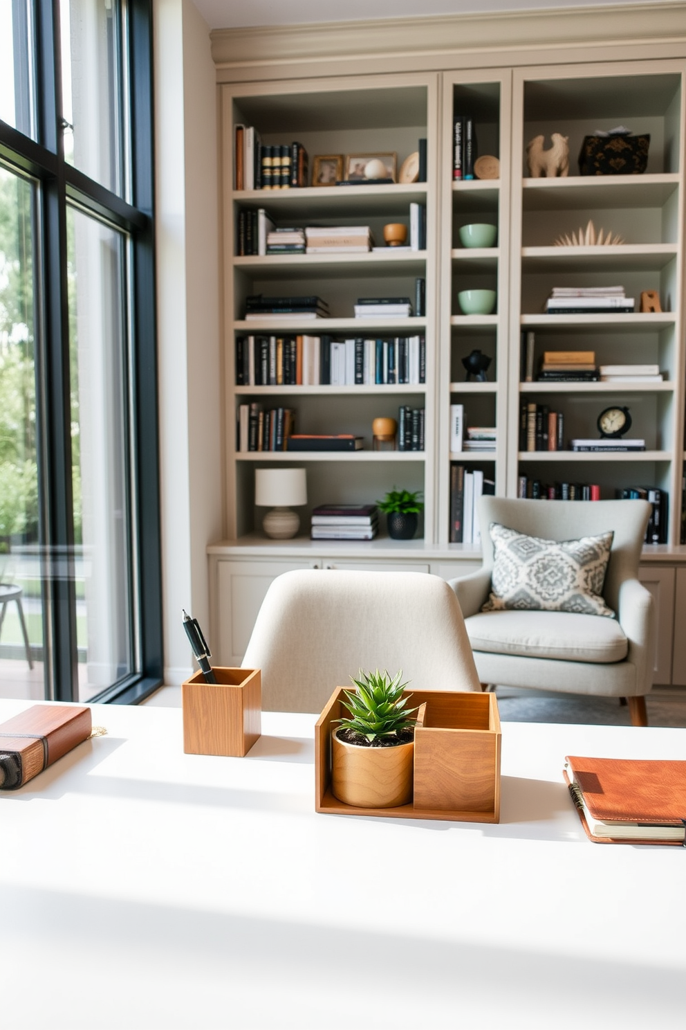 A stylish desk featuring sleek organizers in a minimalist design. The accessories include a wooden pen holder, a leather notebook, and a small potted plant for a touch of greenery. A cozy home office library with built-in shelves filled with books and decorative items. A comfortable reading chair is positioned next to a large window, allowing natural light to illuminate the space.