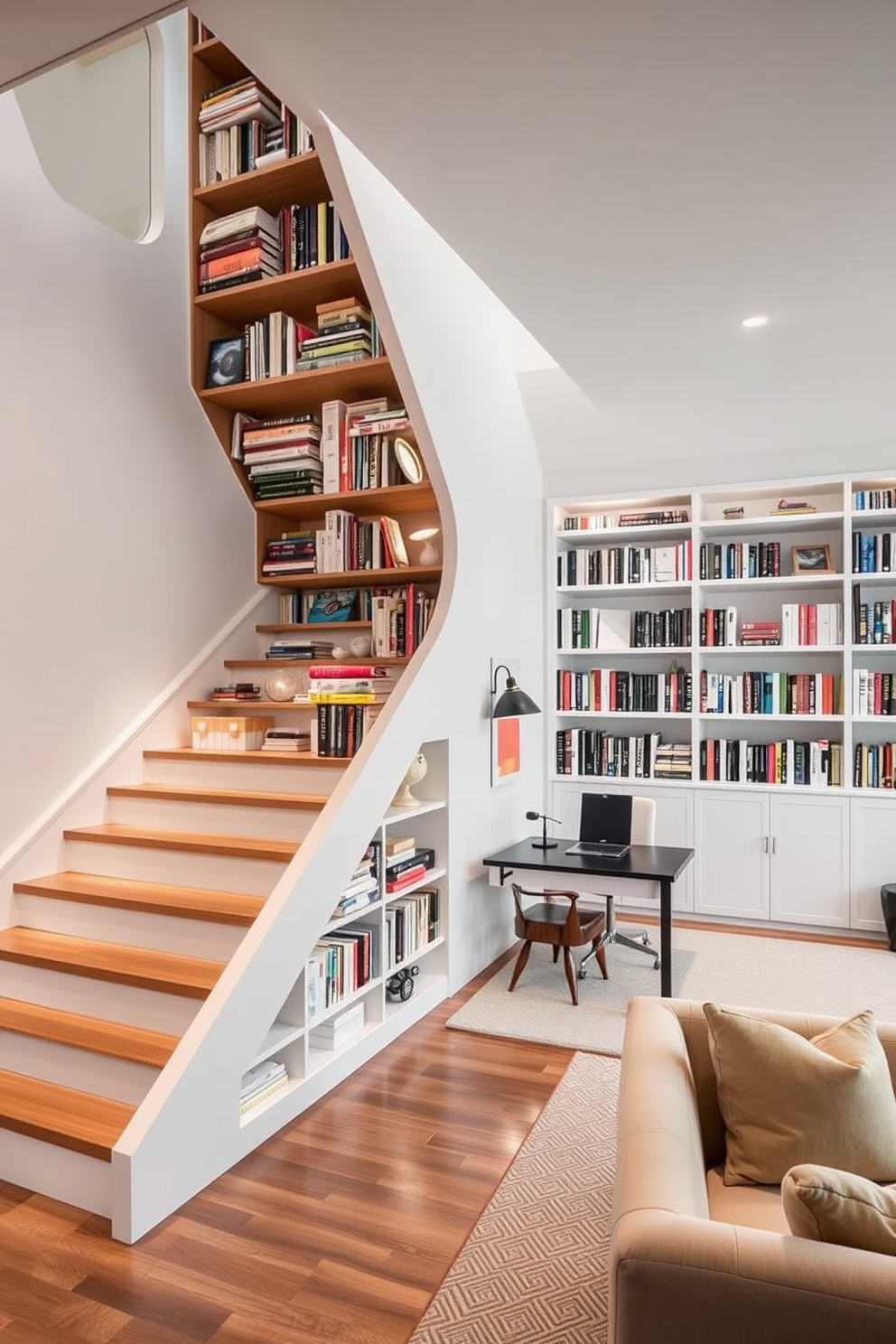 A unique staircase bookshelf design that creatively utilizes the space under the stairs. The shelves are filled with an eclectic mix of books and decorative items, creating a visually appealing focal point. A modern home office library that combines functionality with style. The room features a sleek desk, comfortable seating, and walls lined with floor-to-ceiling bookshelves filled with a curated collection of literature.