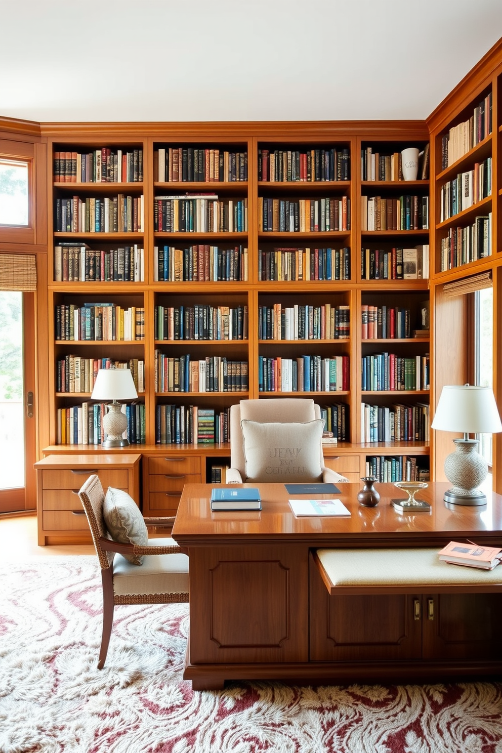 A cozy home office library featuring warm wood tones creates an inviting atmosphere. Shelves lined with books are complemented by a large wooden desk and a comfortable upholstered chair. Soft textiles such as a plush area rug and throw pillows add layers of comfort to the space. Large windows allow natural light to filter in, enhancing the warm ambiance of the room.