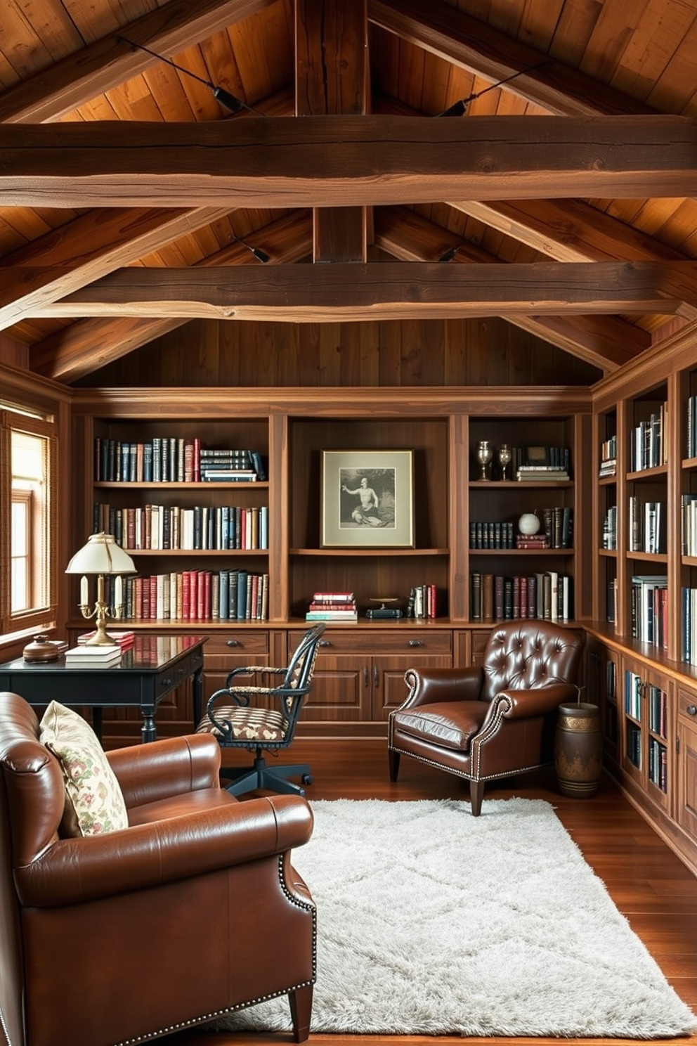 A cozy home office library featuring rustic wood beams that create a warm and inviting atmosphere. Vintage accents such as an antique desk, leather armchair, and a collection of classic books add character to the space. The walls are lined with built-in bookshelves made from reclaimed wood, displaying a mix of books and decorative items. A plush area rug anchors the seating area, while soft lighting from a vintage-style lamp illuminates the room.