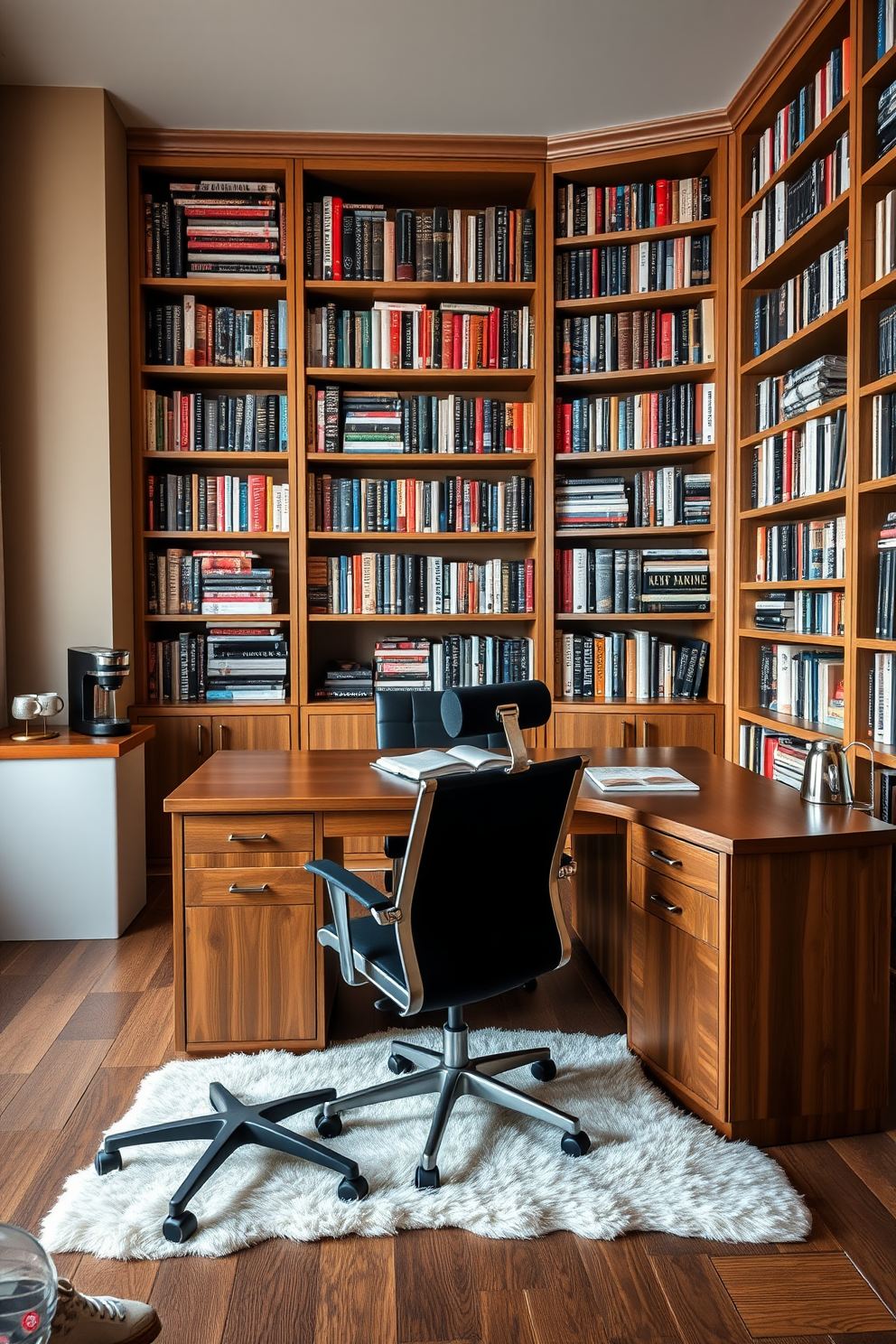 A stylish home office library featuring a large wooden desk with a sleek ergonomic chair positioned in front of it. Behind the desk, floor-to-ceiling bookshelves filled with an array of books create a cozy atmosphere, while a comfortable reading nook with a plush armchair and a small side table invites relaxation. In one corner, a coffee station with a modern espresso machine and a selection of mugs adds convenience. The walls are painted in a warm taupe color, and a soft area rug lies beneath the desk, enhancing the inviting feel of the space.