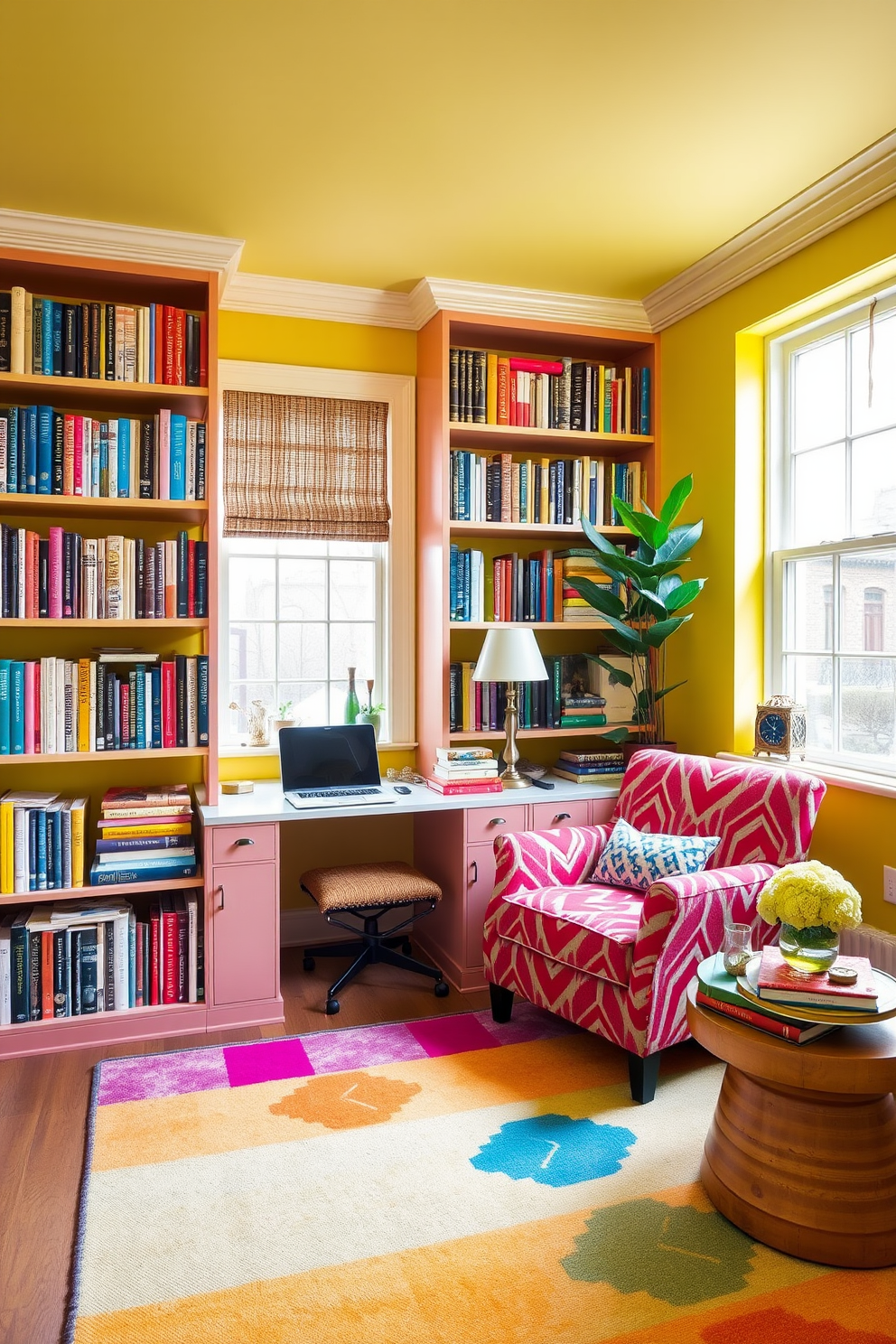 A vibrant home office library filled with bright colors and playful patterns. The walls are painted in a cheerful yellow, and the shelves are adorned with books in various hues, creating a lively atmosphere. A cozy reading nook features a plush armchair upholstered in a bold geometric print. A large window lets in natural light, and a colorful rug adds warmth to the space while tying the design together.