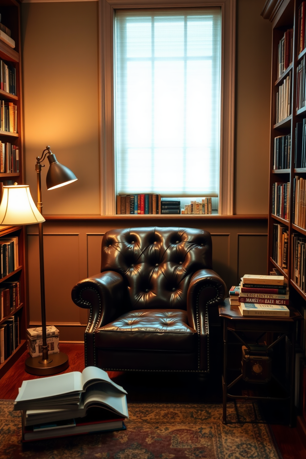 A classic leather armchair is positioned in a cozy corner of the home office library. Soft ambient lighting from a nearby floor lamp creates a warm atmosphere, inviting you to settle in with a good book. The armchair is complemented by a small wooden side table, perfect for holding a cup of tea or a stack of novels. Surrounding the chair, built-in bookshelves are filled with an array of books, adding character and charm to the space.