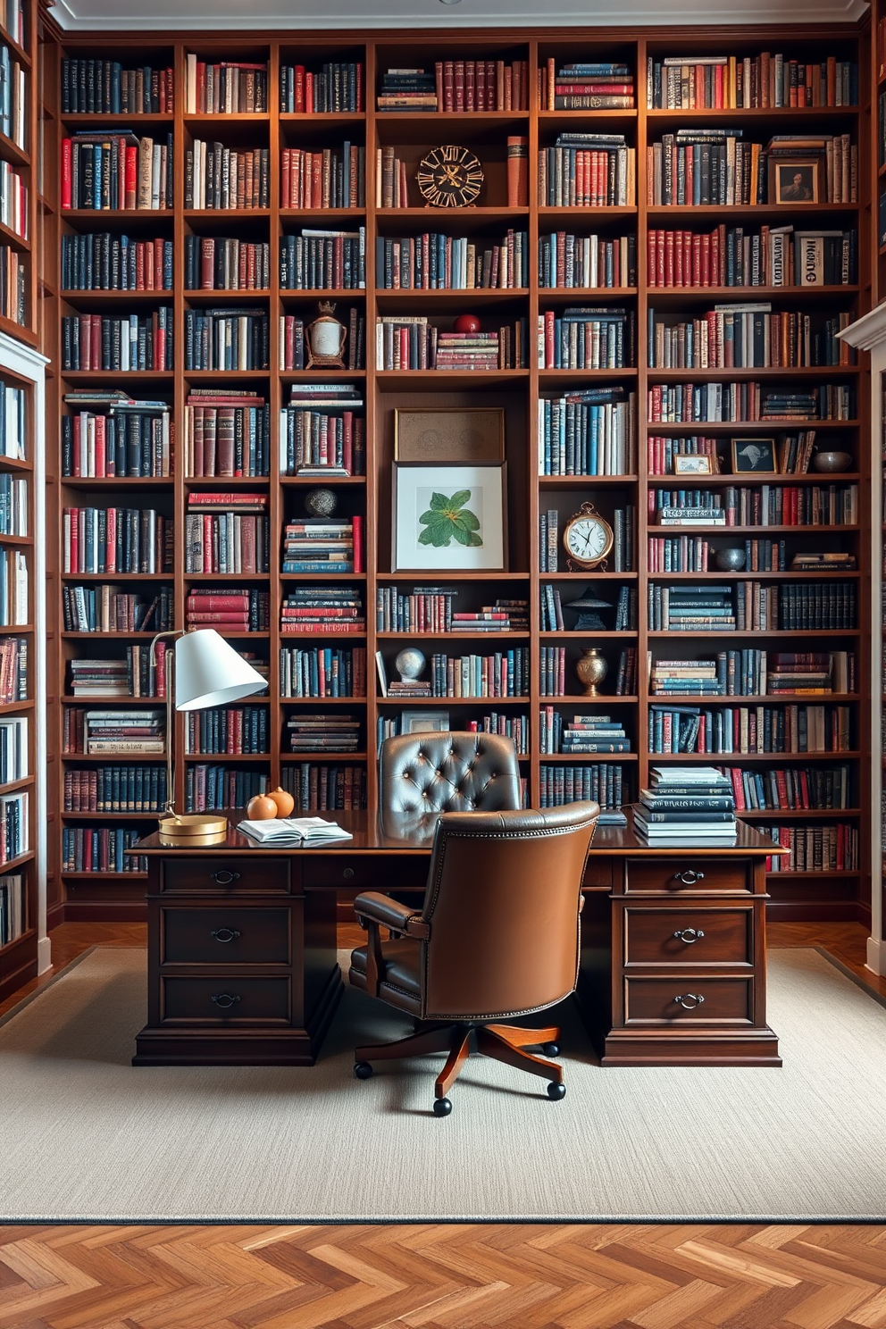 A cozy home office library featuring floor-to-ceiling bookshelves filled with an array of books and decorative items. A large wooden desk sits in the center, complemented by a comfortable leather chair and a stylish table lamp for focused reading.