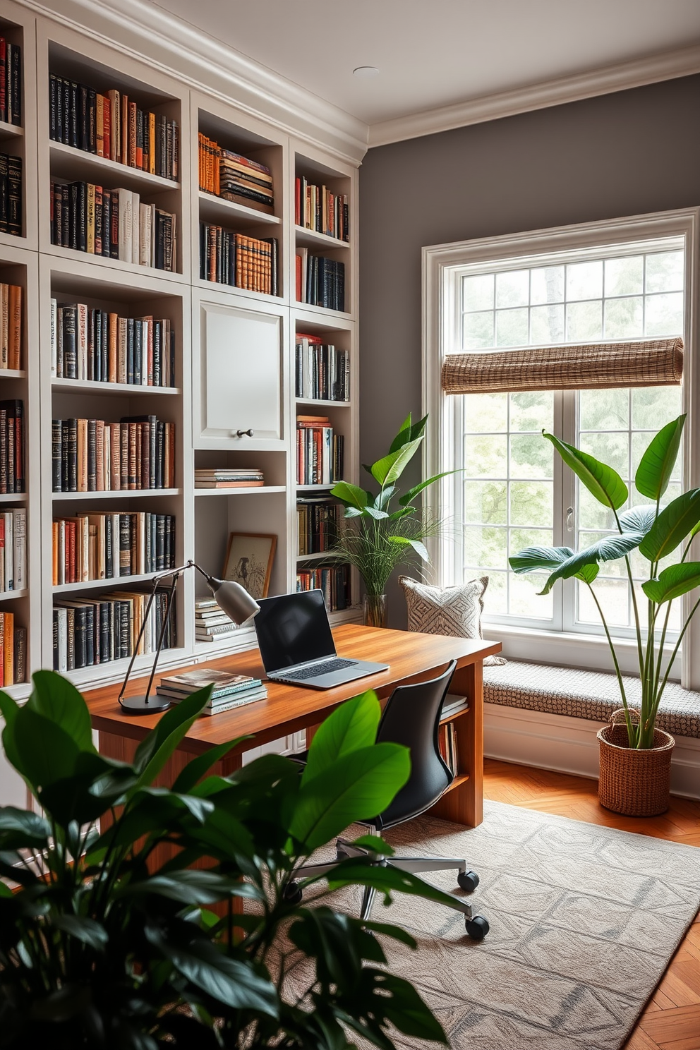 A cozy home office library that combines functionality and style. The room features built-in bookshelves filled with a variety of books, with a comfortable reading nook by a large window. A sleek wooden desk is positioned in front of the window, accompanied by a stylish ergonomic chair. Lush green plants are strategically placed around the room, adding a fresh and vibrant touch to the serene atmosphere.