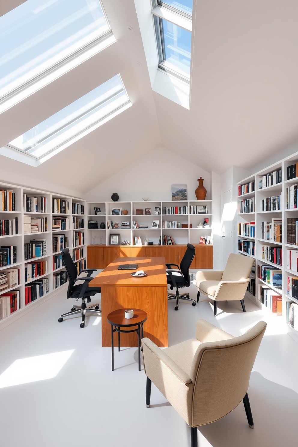 Light-filled room with skylights that create a bright and airy atmosphere. The space features a large wooden desk positioned under the skylights with comfortable ergonomic chairs. Bookshelves line the walls, filled with a curated selection of books and decorative items. A cozy reading nook with a plush armchair and a small side table is situated in one corner, inviting relaxation.