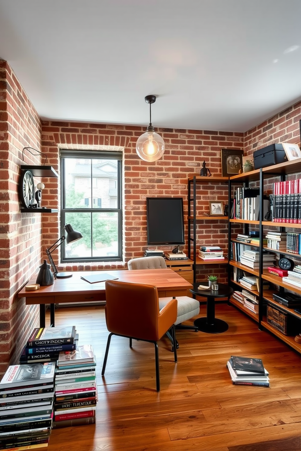 A modern industrial home office library features an exposed brick wall that adds texture and warmth. The space includes a large wooden desk with metal legs and a comfortable leather chair, complemented by open shelving made of reclaimed wood and black metal brackets. Soft ambient lighting is provided by a vintage-style pendant lamp hanging from the ceiling. A cozy reading nook is created with a plush armchair and a small side table, surrounded by stacks of books and decorative elements that reflect a blend of industrial and rustic styles.