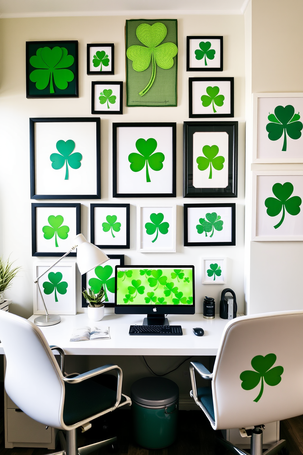 A vibrant home office featuring a green shamrock wall art display. The walls are adorned with various sizes of shamrock-themed artwork, creating a festive atmosphere perfect for St. Patrick's Day.