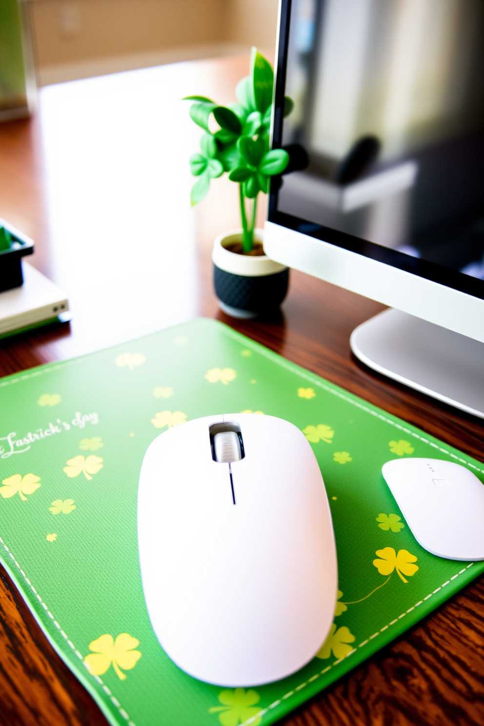 A St Patrick's Day themed mouse pad features a vibrant green background adorned with playful shamrocks and gold accents. The design incorporates a festive border that adds a touch of whimsy, perfect for brightening up your home office workspace. For St Patricks Day decorating ideas, consider using green and gold accents throughout your home office. Incorporate decorative elements like a shamrock centerpiece on your desk and themed wall art to create a cheerful atmosphere.