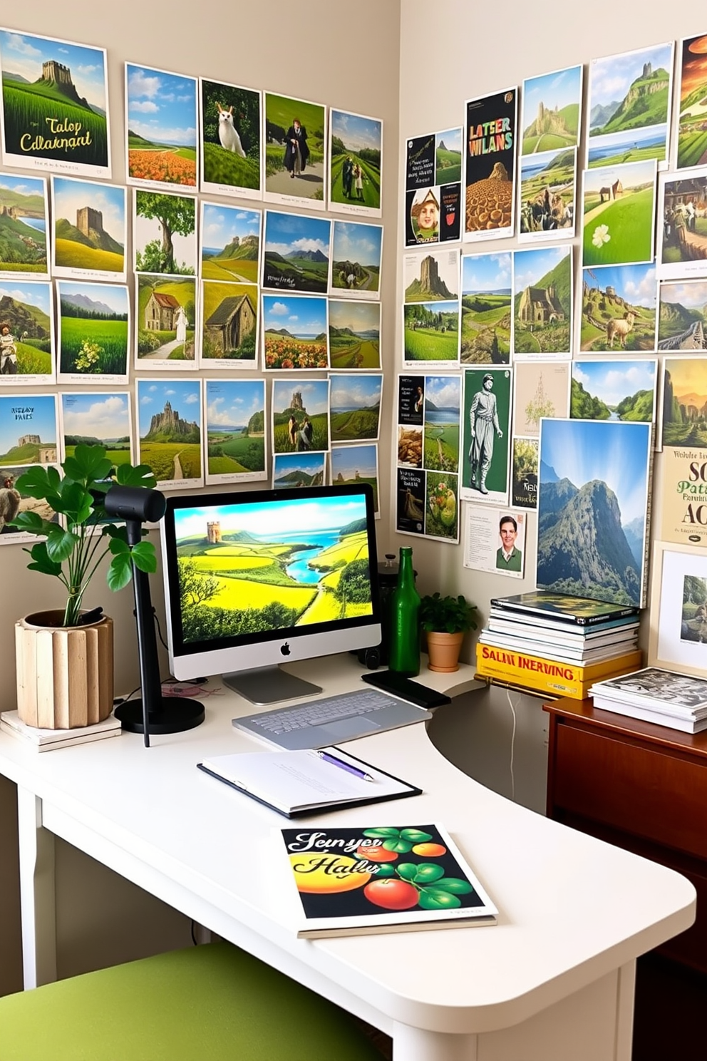 A cozy home office space adorned with vintage Irish postcards that capture the essence of St. Patrick's Day. The walls are decorated with a collection of these postcards, showcasing vibrant greens and charming Irish landscapes, creating an inviting atmosphere for work and creativity.