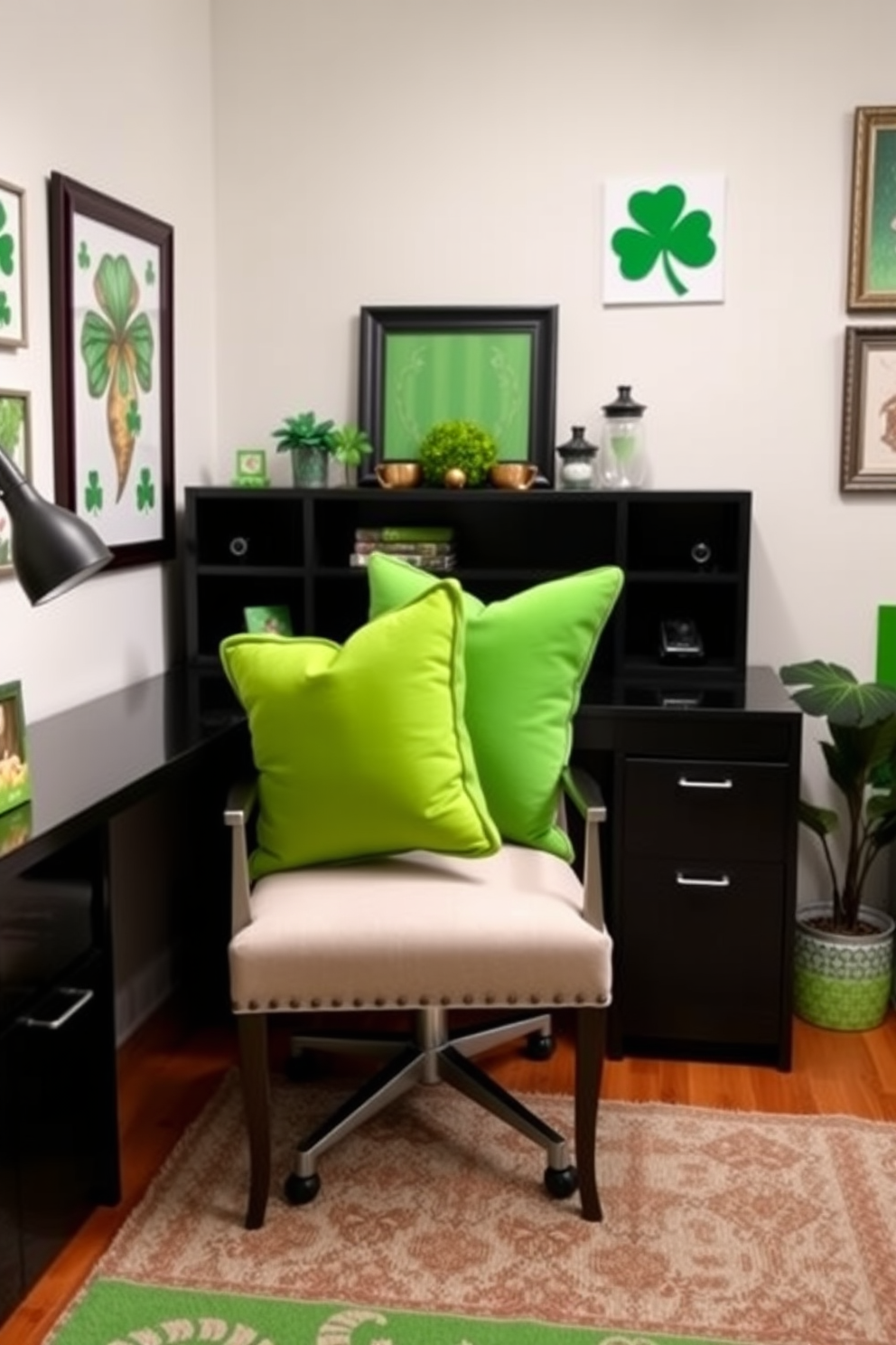 A cozy home office featuring a sleek desk and a comfortable chair adorned with bright green throw pillows. The space is decorated with St. Patrick's Day elements, including shamrock accents and green-themed artwork on the walls.