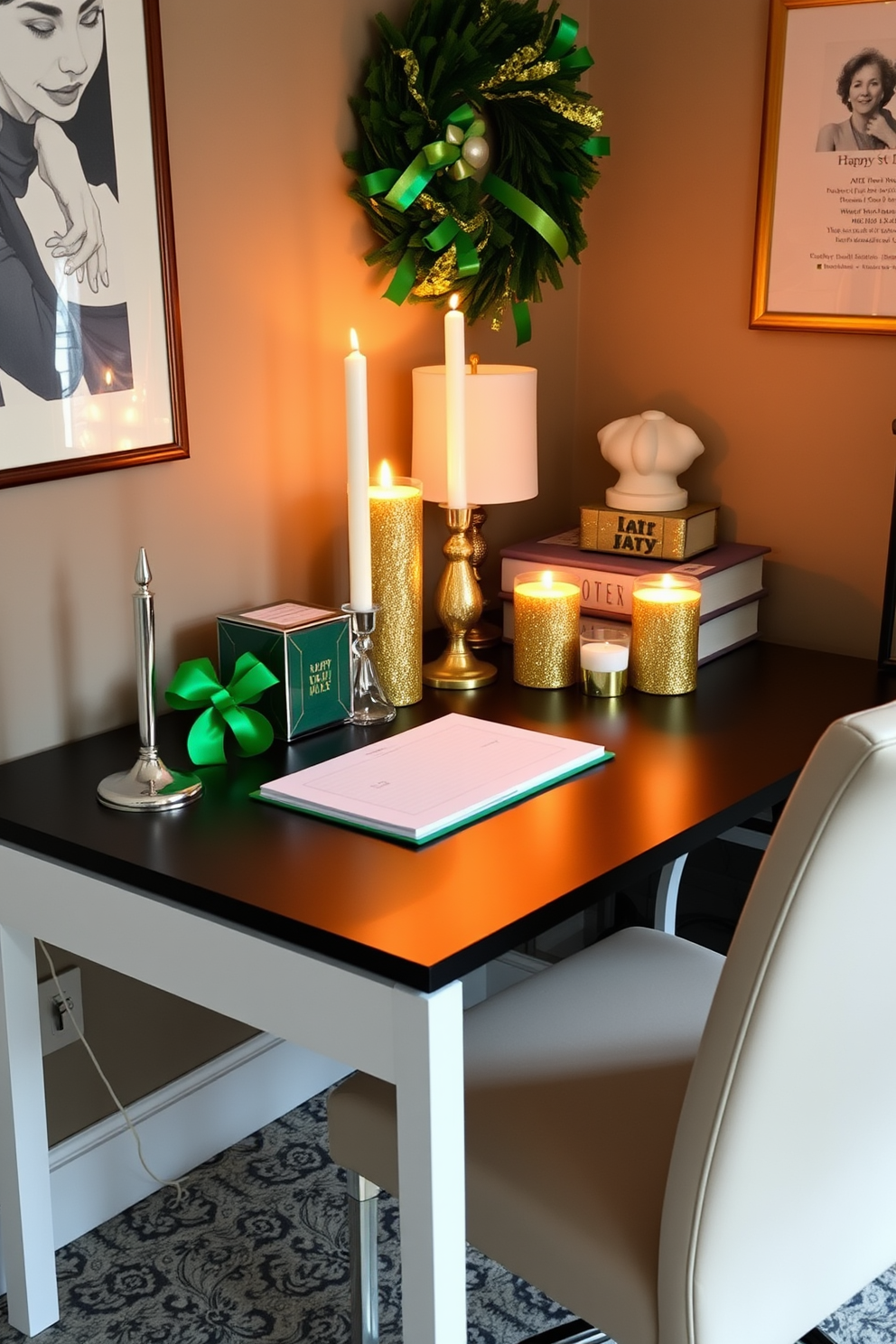 A cozy home office setting adorned with gold glitter candles to create a warm ambiance. The desk is sleek and modern, complemented by a comfortable chair and decorative accents celebrating St. Patrick's Day.