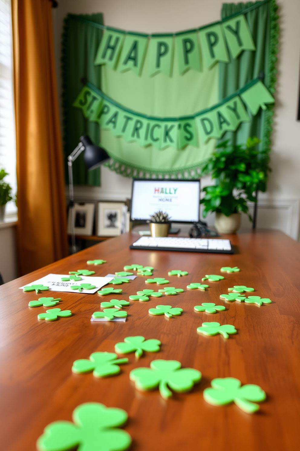 Shamrock-shaped sticky notes are scattered across a sleek wooden desk in a cozy home office. The desk is adorned with a small potted plant and a festive St. Patrick's Day banner hanging on the wall.