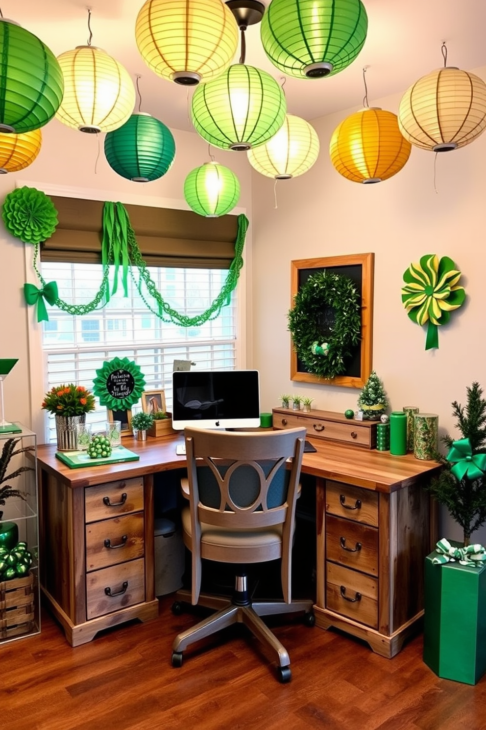 Create a cozy home office adorned with green and gold paper lanterns hanging from the ceiling. The desk is made of reclaimed wood, and a comfortable chair is positioned in front of it, surrounded by festive St. Patrick's Day decorations.