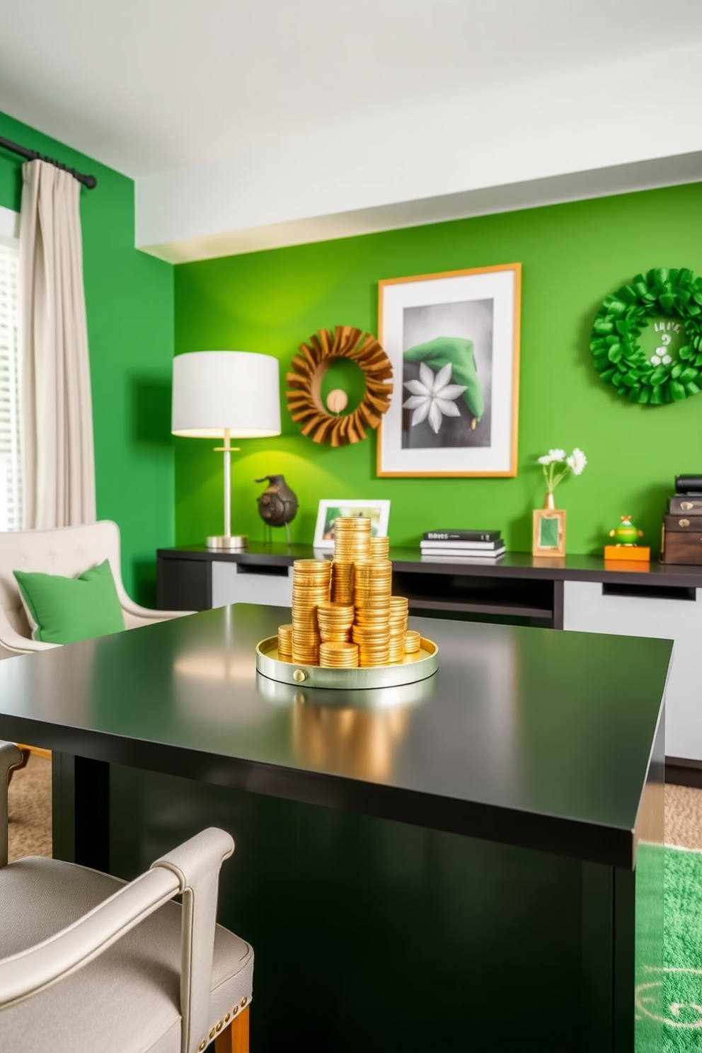 A stylish home office decorated for St. Patrick's Day features a sleek desk adorned with an arrangement of tabletop gold coins. The backdrop includes a vibrant green accent wall, complemented by a cozy chair and festive decor that captures the spirit of the holiday.