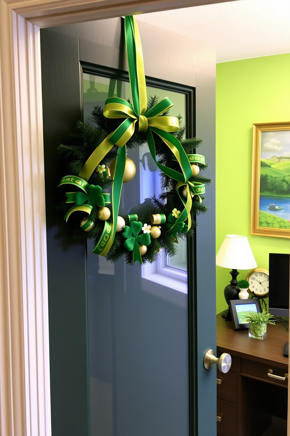 A festive wreath adorned with green and gold ribbons hangs on the office door. The wreath features shamrocks and small ornaments celebrating St. Patrick's Day, adding a cheerful touch to the workspace. Inside the home office, a green color palette sets the mood for St. Patrick's Day. Decorative accents include a small potted shamrock plant on the desk and themed artwork showcasing Irish landscapes.