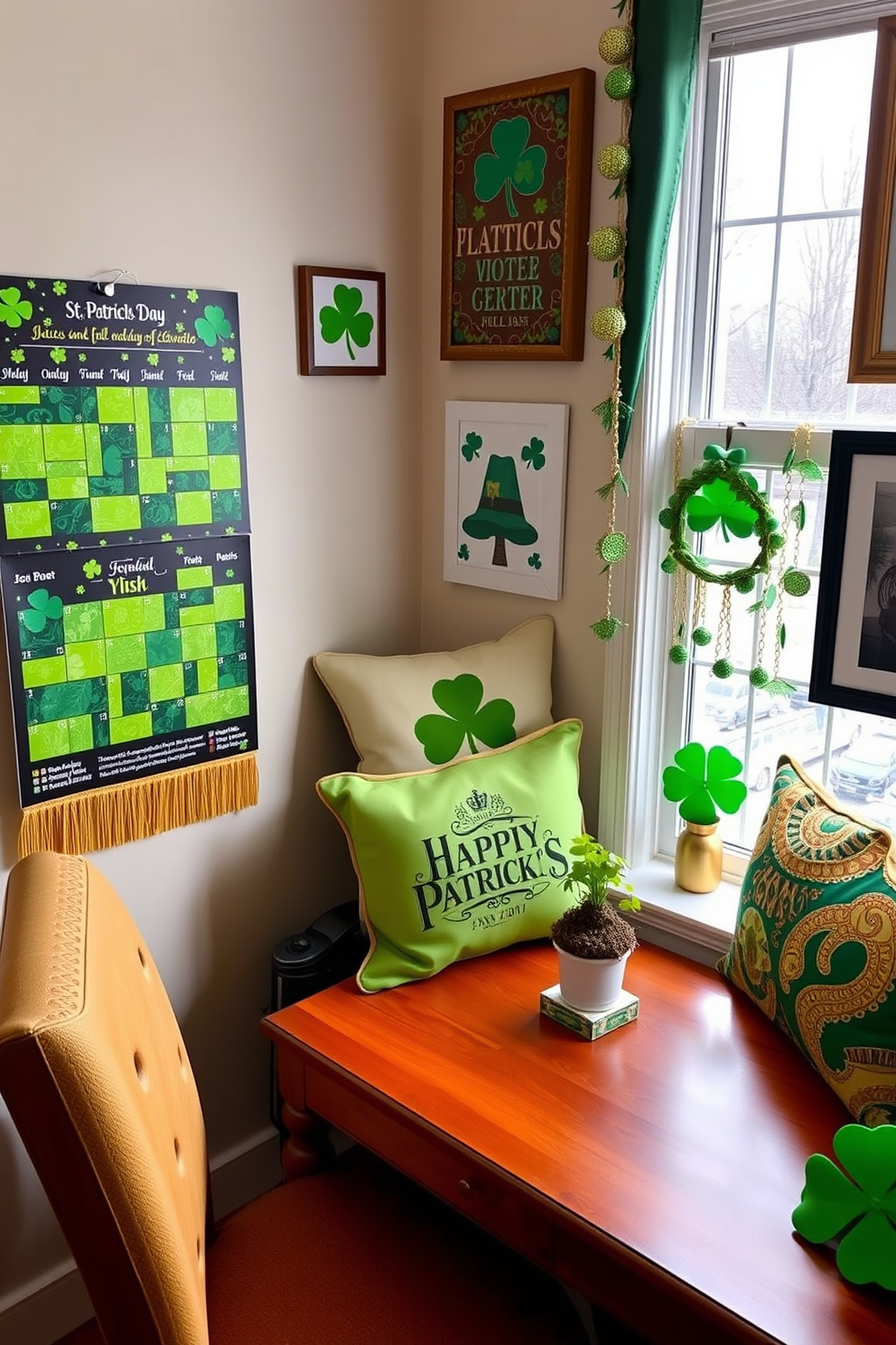 A cozy home office setting decorated for St. Patrick's Day. The walls are adorned with an Irish-themed calendar showcasing vibrant green colors and festive designs. A wooden desk is positioned by a window, featuring a small potted shamrock plant. Green and gold accents are scattered throughout the room, including cushions and wall art that celebrate Irish culture.