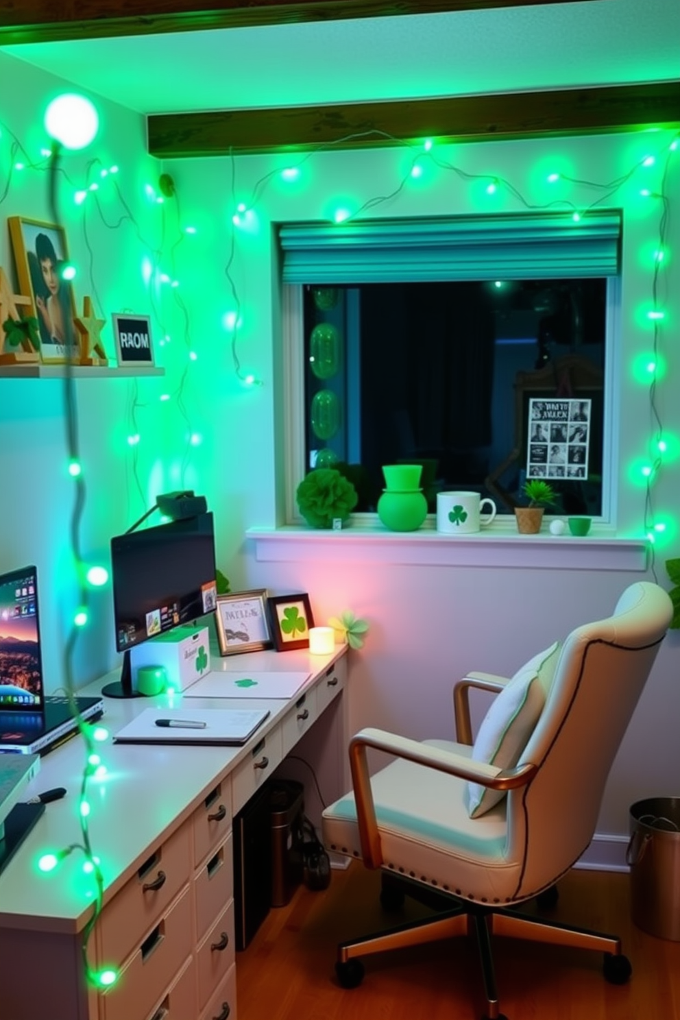 A cozy home office adorned with green fairy lights creates a warm and inviting atmosphere. The soft glow of the lights complements a stylish desk setup featuring a comfortable chair and decorative touches that celebrate St. Patrick's Day.