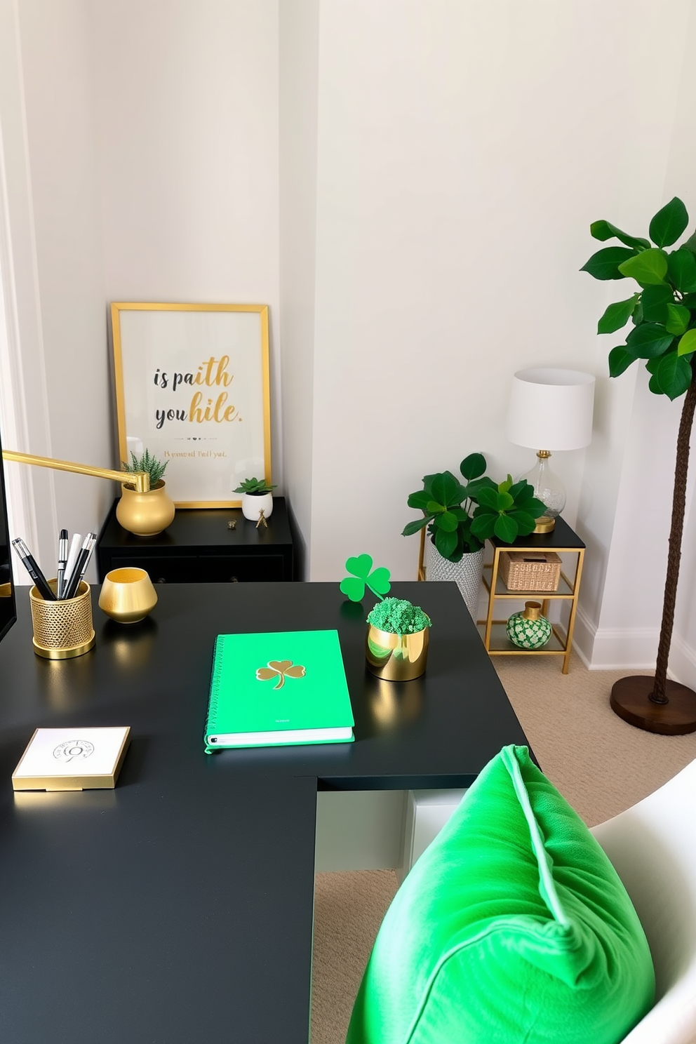 A stylish home office featuring a sleek desk adorned with gold and green desk accessories. The arrangement includes a gold pen holder, a green notebook, and a decorative plant, all set against a backdrop of soft white walls and a cozy nook filled with natural light. For St. Patrick's Day, the office is decorated with subtle festive touches. A small green shamrock centerpiece sits on the desk, complemented by gold accents like a framed inspirational quote and a vibrant green throw pillow on the chair.