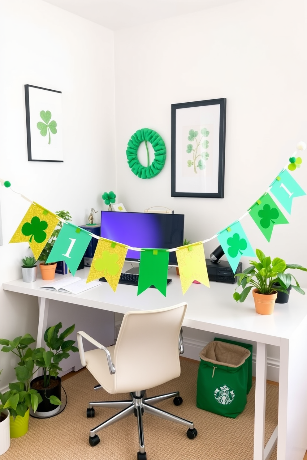 A vibrant DIY St Patrick's Day banner stretches across the desk, featuring green and gold colors with festive shamrock designs. The home office is adorned with playful decorations, including potted plants and themed accents that celebrate the holiday spirit.