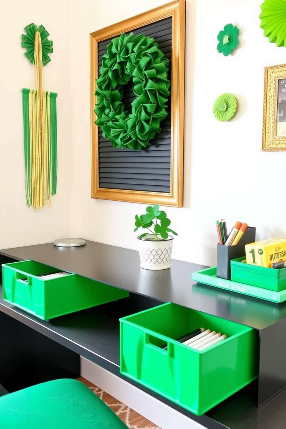 Creative desk organization with green bins. The desk features a sleek design with two vibrant green bins for storing office supplies, creating a fresh and organized workspace. Home Office St. Patricks Day Decorating Ideas. The walls are adorned with festive green and gold accents, while a small potted shamrock sits on the desk, adding a touch of seasonal charm.