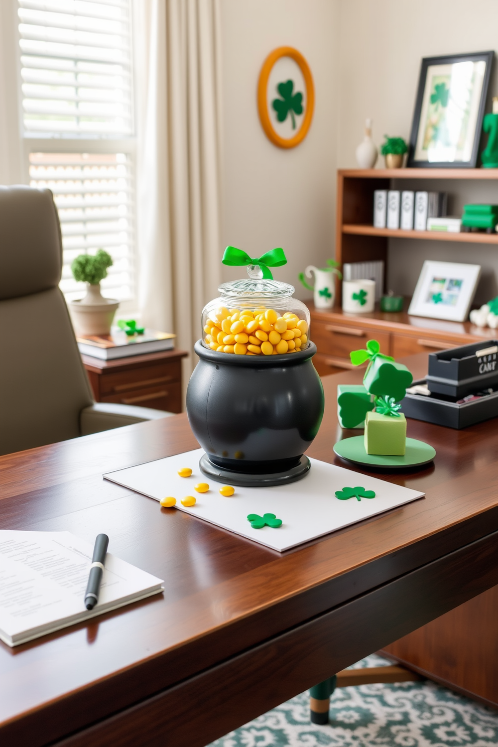 A beautifully styled home office featuring a pot of gold candy jar prominently displayed on a sleek wooden desk. The desk is adorned with festive St. Patrick's Day decorations, including green accents and shamrock-themed decor.