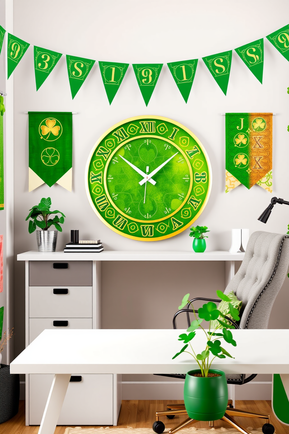 A charming wall clock designed for St Patrick's Day features a vibrant green background with gold accents. The clock face showcases shamrocks and Celtic patterns, creating a festive atmosphere for any home office. The home office is adorned with St Patrick's Day decorations, including green and gold banners hanging from the walls. A stylish desk is complemented by a cozy chair, and a small potted shamrock plant adds a touch of nature to the workspace.