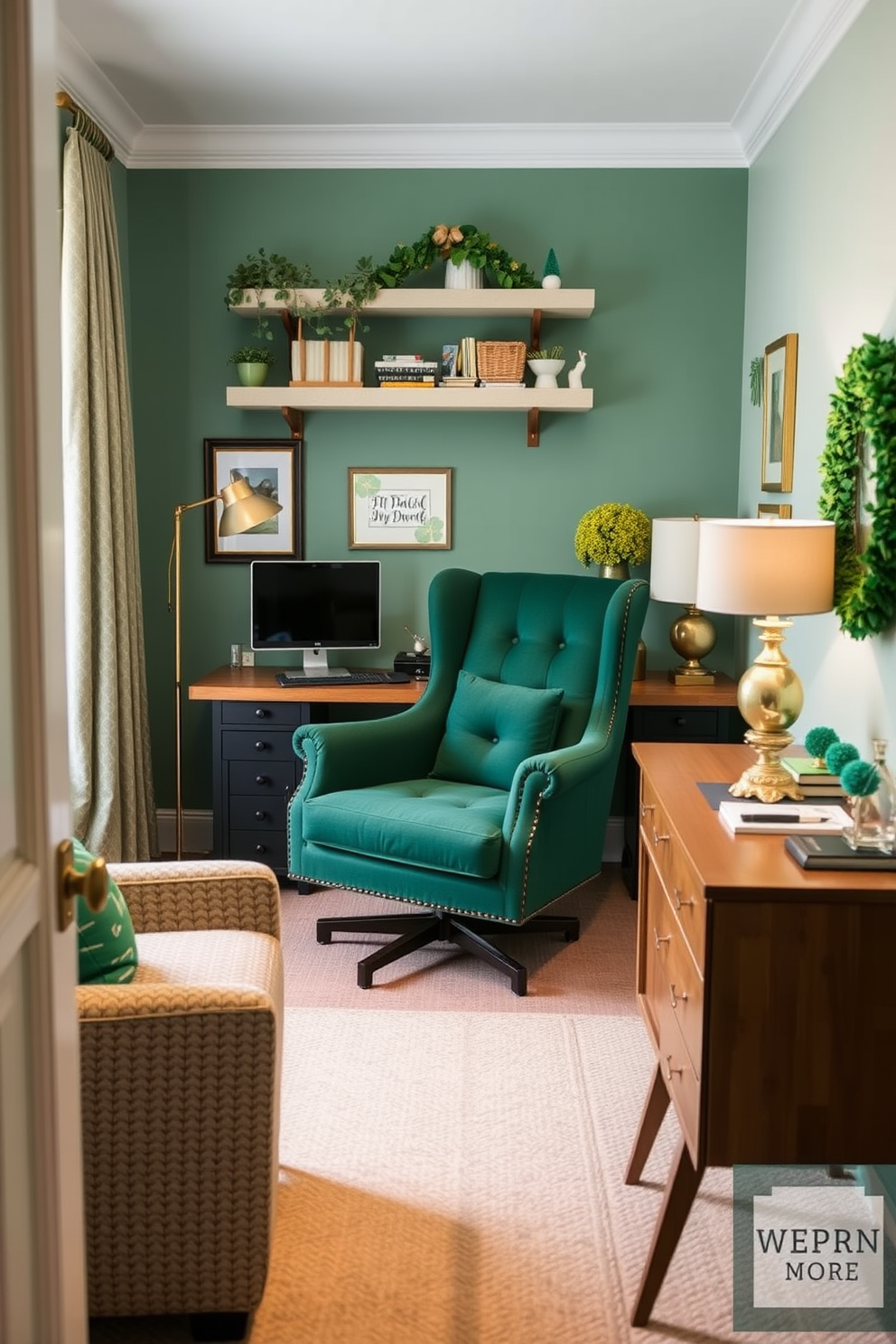 A cozy home office featuring a green accent chair that invites relaxation and comfort. The space is adorned with tasteful St. Patrick's Day decorations, including subtle green and gold accents that enhance the overall aesthetic.