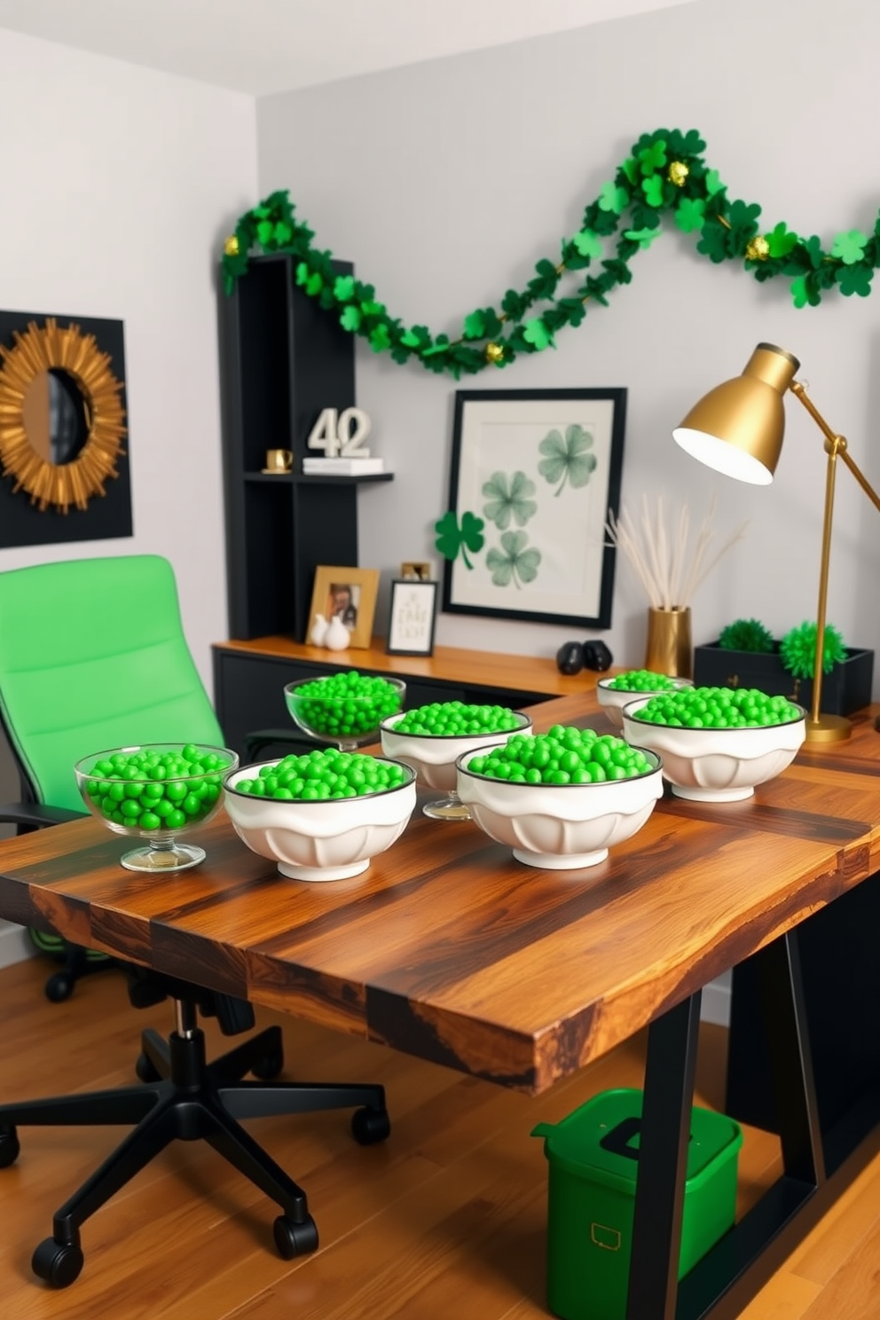 A stylish home office space adorned with decorative bowls filled with vibrant green candies. The desk is made of reclaimed wood, complemented by an ergonomic chair and accented with St. Patrick's Day decorations like shamrock garlands and gold accents.