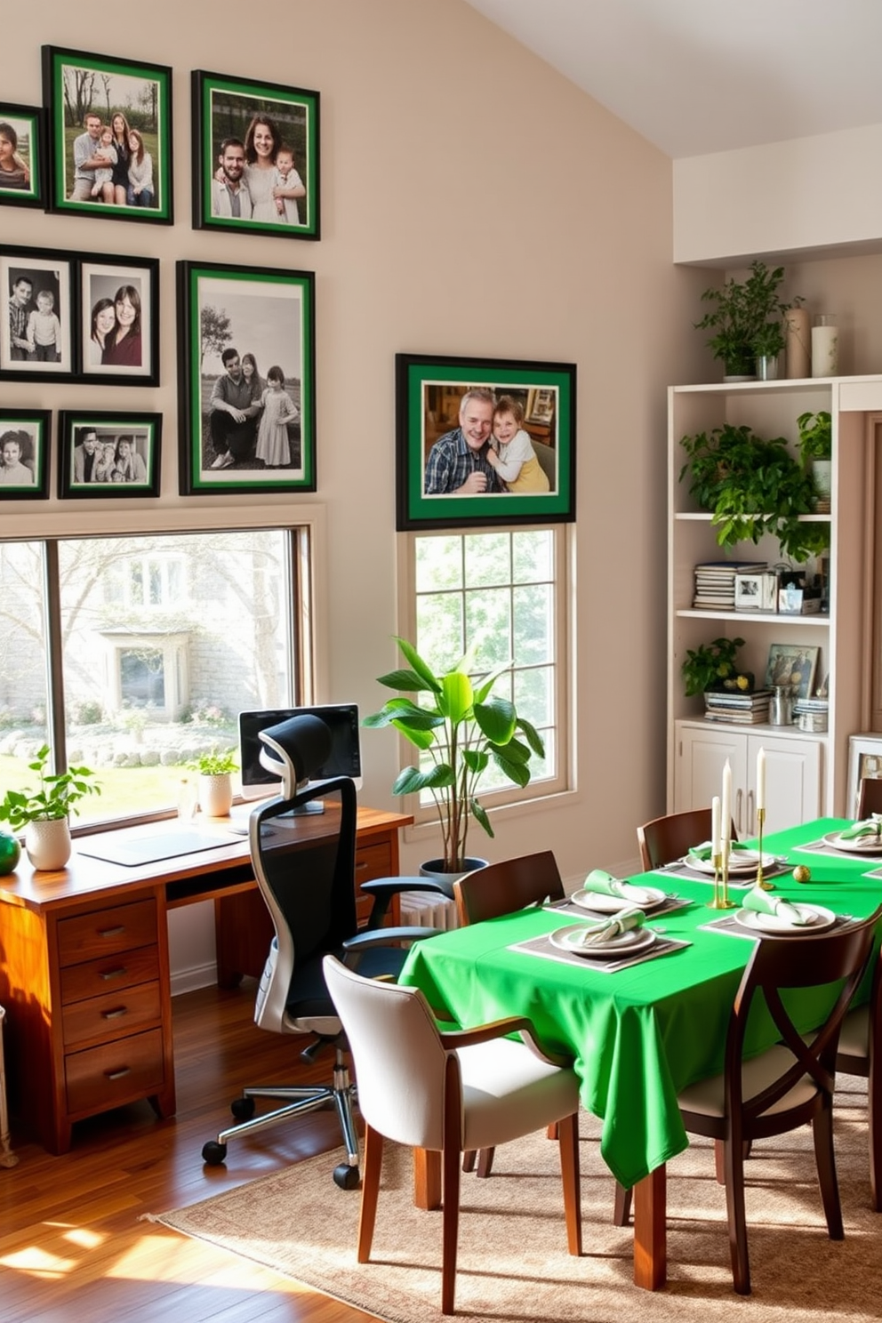 Framed family photos with green frames adorn the walls of a cozy living room. The photos capture cherished memories, creating a warm and inviting atmosphere. In a home office, a sleek wooden desk is positioned by a large window, allowing natural light to flood the space. A comfortable ergonomic chair complements the modern design, while shelves filled with books and plants add character. For St. Patrick's Day decorating ideas, a vibrant green tablecloth is spread across the dining table. Gold and white accents, such as candles and napkins, create a festive yet elegant look.