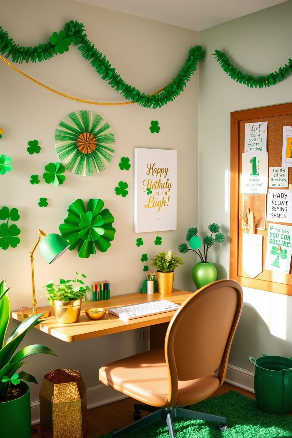 A vibrant home office setting inspired by St. Patrick's Day. The walls are adorned with green and gold decorations, and a cozy desk is set up with a festive Irish music playlist playing softly in the background. A cheerful arrangement of shamrock plants and gold accents brightens the space. A comfortable chair invites creativity, while a corkboard displays inspirational quotes and holiday-themed artwork.