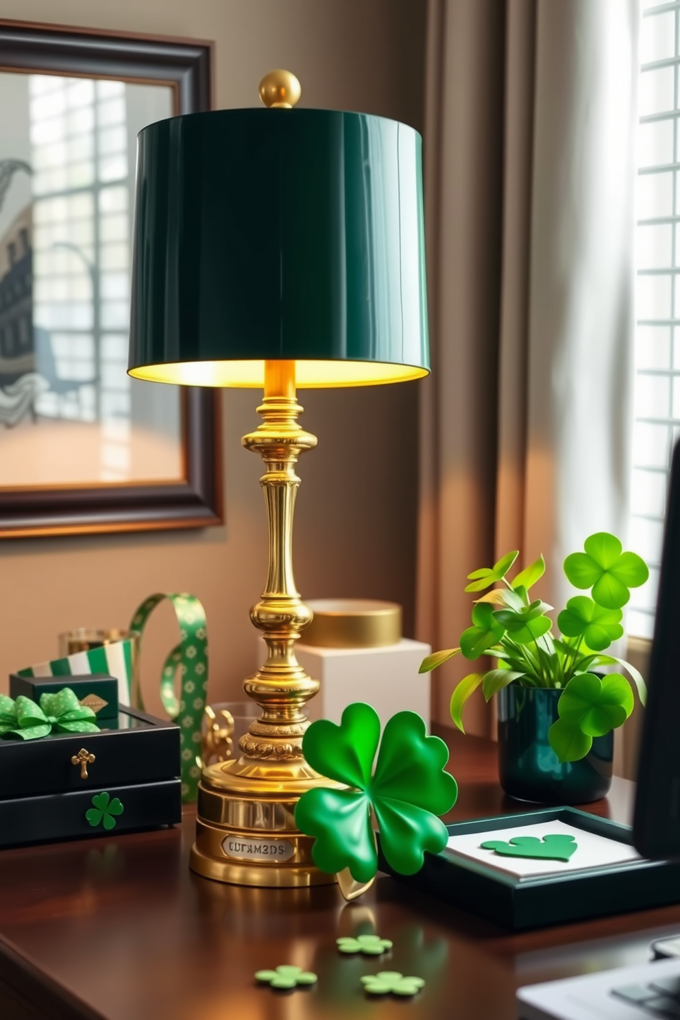 A stylish home office features a green and gold desk lamp that adds a touch of elegance to the workspace. The desk is adorned with St. Patrick's Day decorations, including shamrock-themed accessories and a vibrant green plant that brings life to the room.