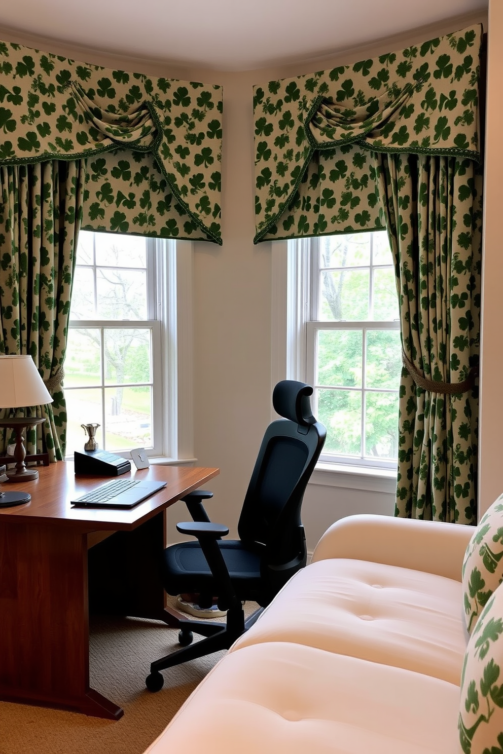 A cozy home office adorned with shamrock patterned curtains that elegantly frame the windows. The workspace features a sleek wooden desk paired with a comfortable ergonomic chair, creating an inviting atmosphere for productivity.