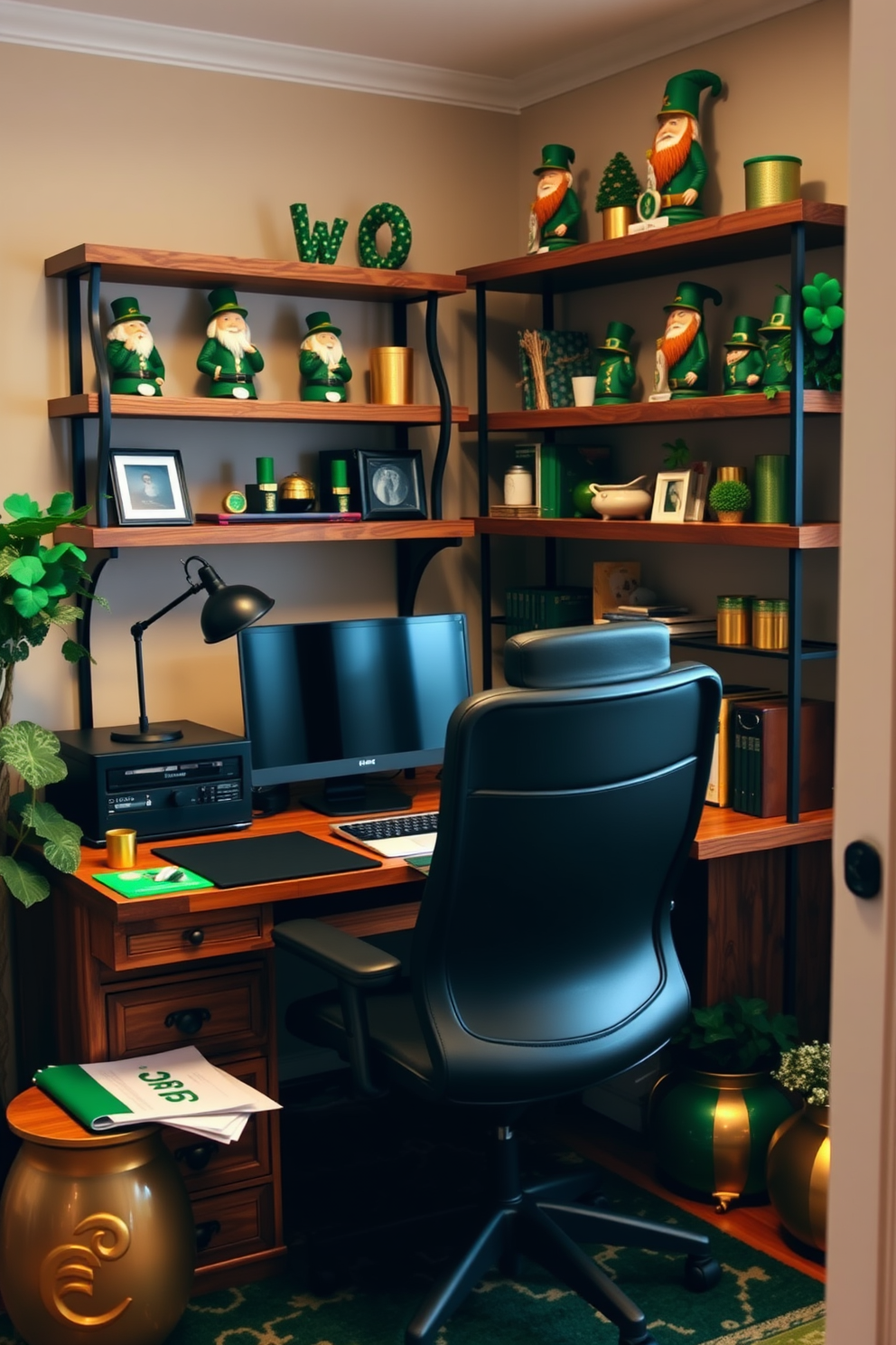 A cozy home office adorned with leprechaun figurines on the shelves. The workspace features a rustic wooden desk paired with a comfortable ergonomic chair, while festive green and gold accents bring a touch of St. Patrick's Day cheer.