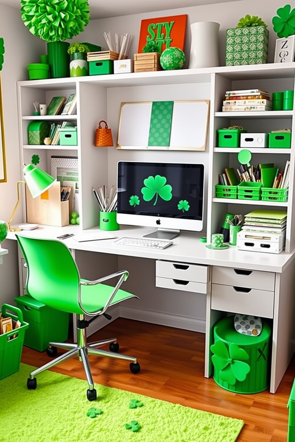 A stylish home office adorned with green art supplies integrated into the decor. The workspace features a sleek desk with a vibrant green chair, surrounded by shelves filled with various art materials and St. Patrick's Day decorations.