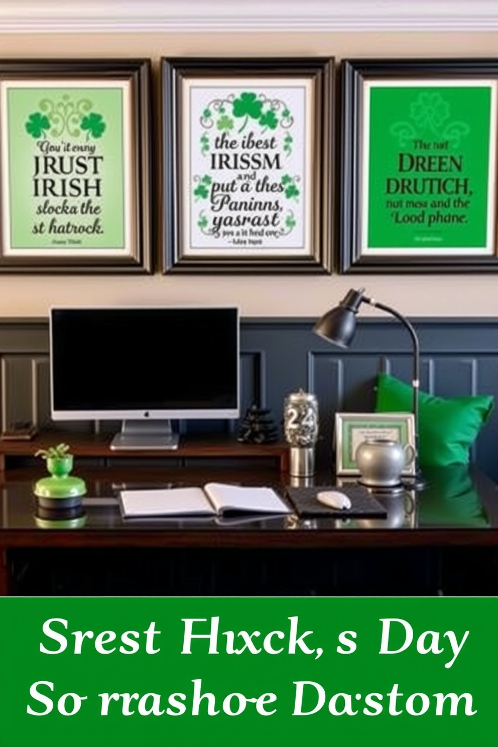 Create a cozy home office space featuring Irish quote posters elegantly framed on the walls. Incorporate St. Patrick's Day decorating ideas such as green accents, shamrock motifs, and a warm, inviting atmosphere.