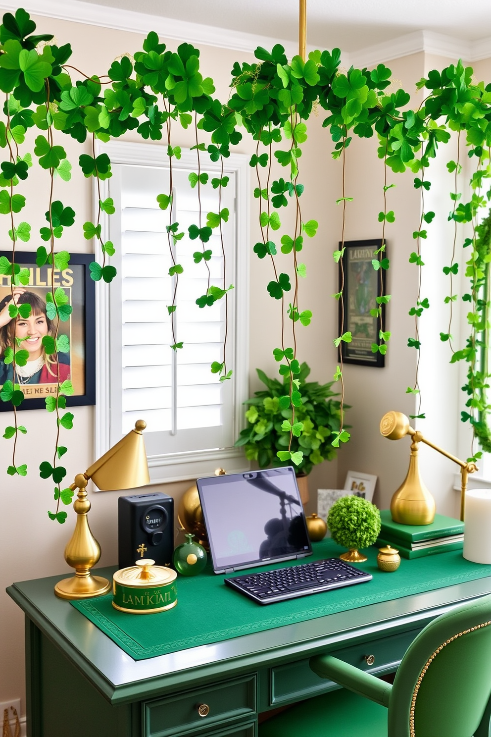 A cozy home office adorned for St. Patrick's Day features hanging garlands of vibrant green shamrocks intertwined with shimmering gold accents. The desk is styled with a green and gold color palette, complemented by decorative elements that evoke the festive spirit of the holiday.