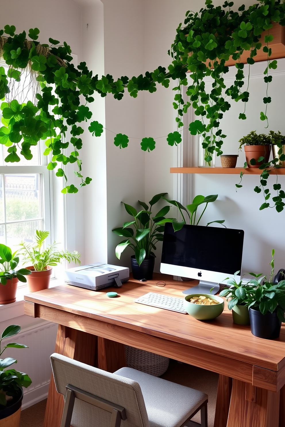 A bright and inviting home office space filled with potted green plants that bring a touch of freshness to the environment. The desk is made of reclaimed wood and positioned near a large window, allowing natural light to illuminate the room. For St. Patrick's Day, the decor features subtle green accents throughout the space. A festive garland made of shamrocks hangs above the desk, and a small decorative bowl filled with gold coins sits on the shelf.