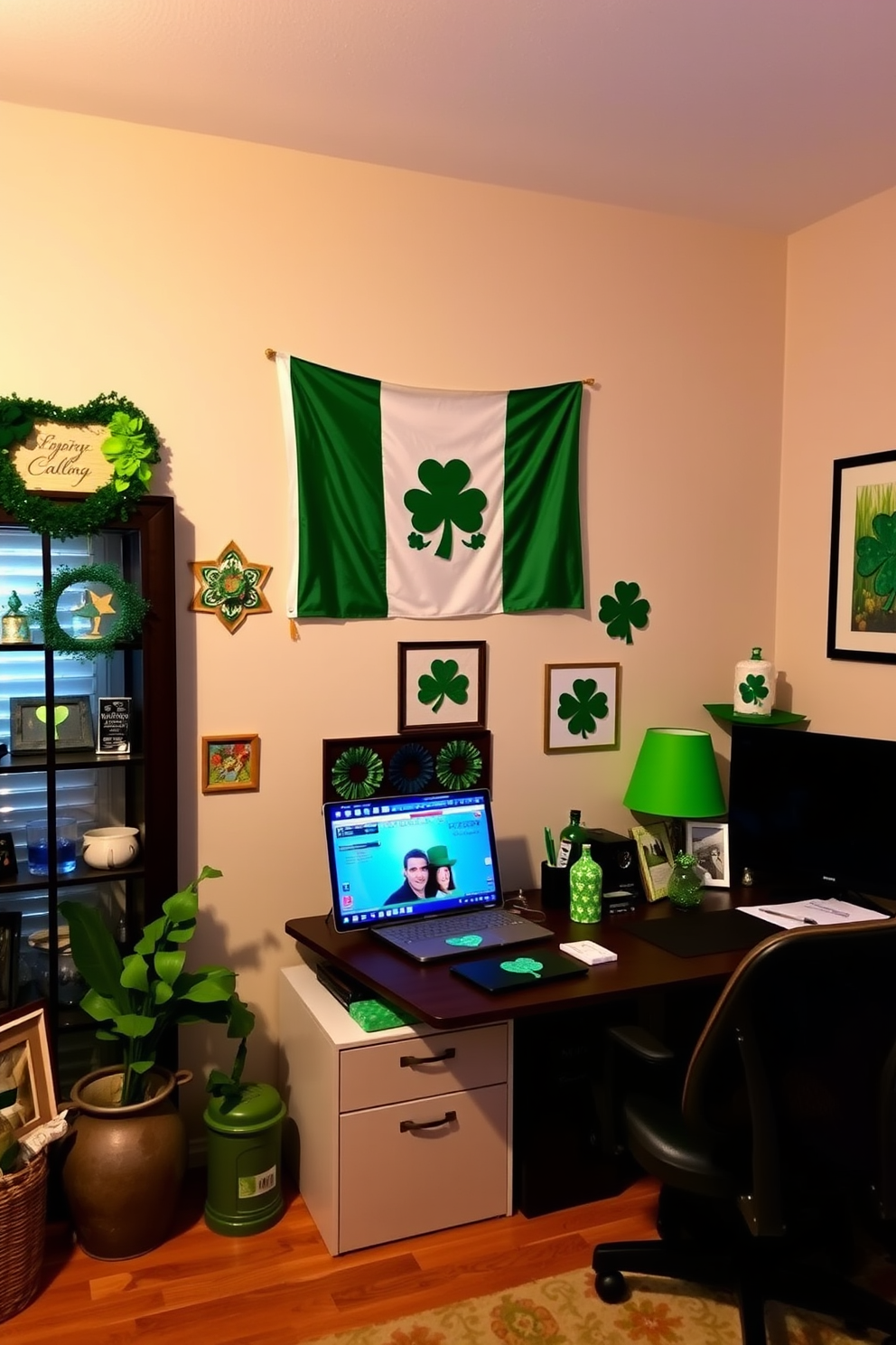 A cozy home office featuring a decorative Irish flag prominently displayed on the wall. The space is adorned with various St. Patrick's Day decorations, including green accents and festive artwork that bring a cheerful atmosphere.