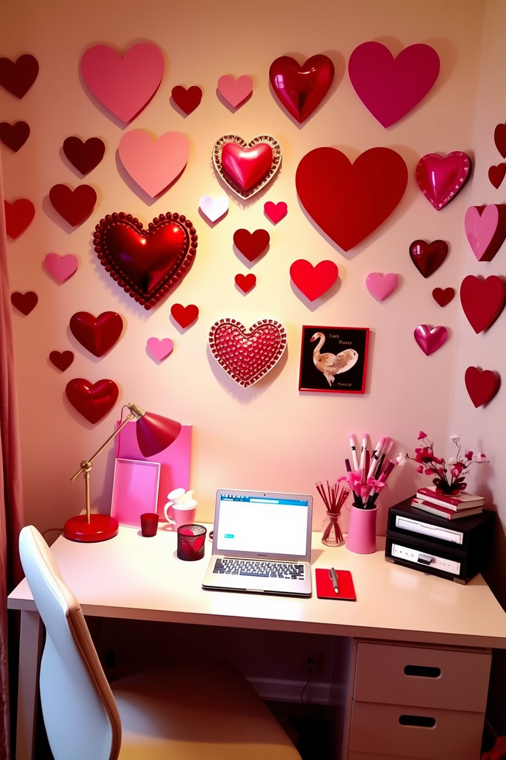 A cozy home office adorned with heart-shaped wall art creates a warm and inviting atmosphere. The display features an array of heart designs in various sizes and colors, adding a playful touch to the workspace. Soft lighting illuminates the space, enhancing the romantic vibe perfect for Valentine's Day. A stylish desk is complemented by decorative elements like pink and red accents, creating a harmonious and inspiring environment.