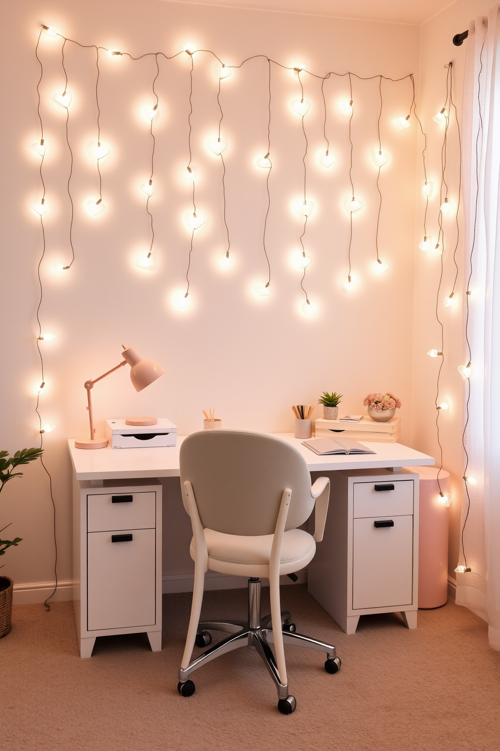 A cozy home office adorned with heart-shaped string lights that create a warm and inviting atmosphere. The desk is elegantly styled with a minimalist design, complemented by a comfortable chair and soft pastel accents.