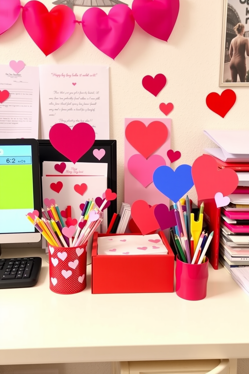 A cheerful home office decorated for Valentine's Day. Colorful heart stickers adorn various office supplies, adding a playful touch to the workspace.